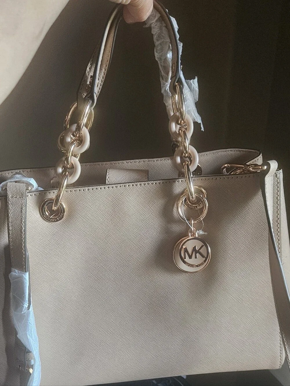 Michael Kors Beige Cream Pink Saffiano Leather Satchel with Rose Gold Hardware